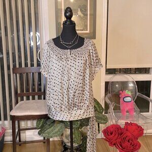 Y2k Agora Grey White & Black Geometric Patterned Short Sleeve Smocked Neck Top